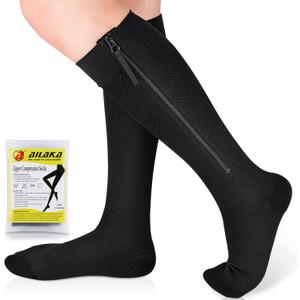 Ailaka Zipper Compression Socks Medical, 15-20 mmHg Knee High Compression Socks for Men Women, Close Toe Support Socks for Varicose Veins, Edema, Recovery, Pregnant, Nurse (Large (1 Pair), Black)