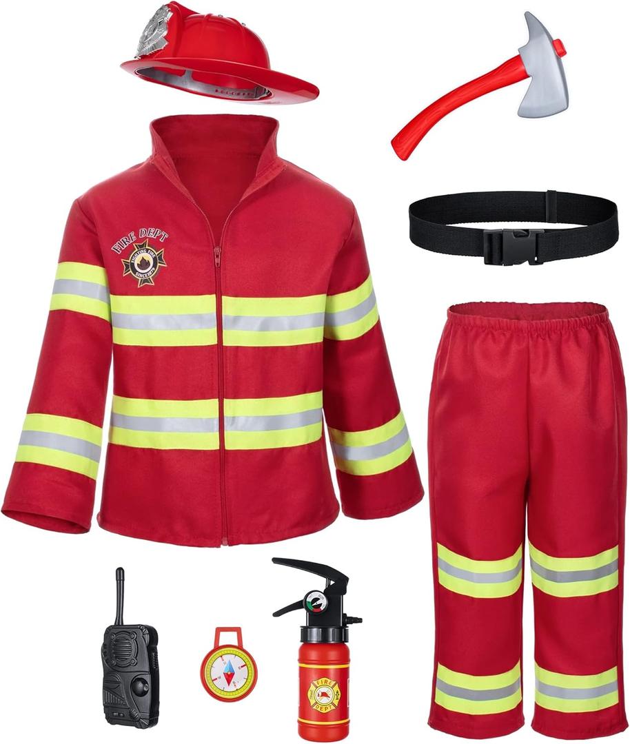 Kid's Fireman Firefighter Costume Toys with Complete Accessories for Boys and Girls Birthday Halloween Party Dress Up Red 10-11 Years