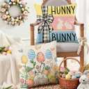 Easter Pillow Covers 18x18 set of 4,Vintage Decorative Eggs Bunny Throw Pillow Covers Retro Linen Pillowcases, Spring Holiday Home Decor Farmhouse Sofa Cushion Living Room Bedroom Happy Easter Gifts