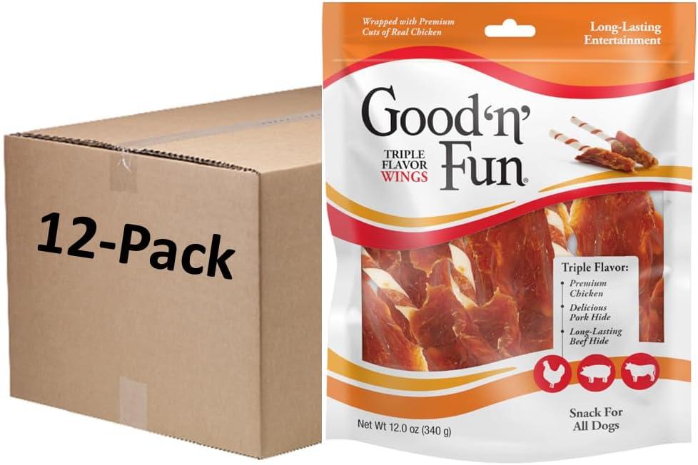 Good n Fun Triple Flavor Wings Chews for All Dogs, 12 Ounces, Treat Your Dog to Long-Lasting Chews Made with Chicken, Pork Hide and Beef Hide (EXP 02/24/28)