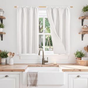 BGment Greyish White Linen Blackout Curtains 40 Inch Length, Short Room Darkening Drapes with Rod Pocket for Kitchen Bedroom Window Privacy, 2 Panels Set, Each 30 Inch Wide