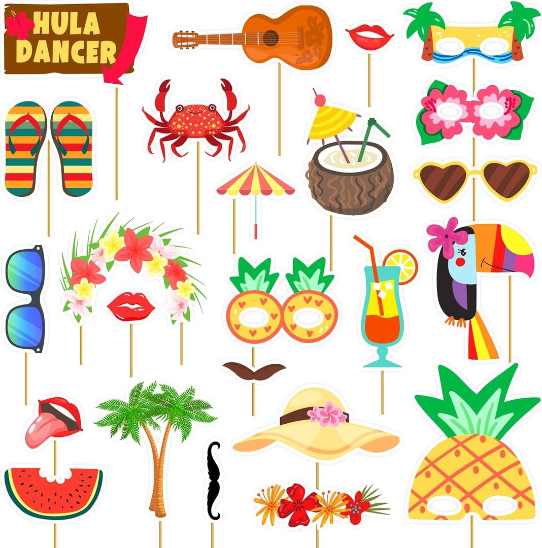 60pcs Luau Photo Booth Props Kit with Sticks for Hawaiian Party Decorations | Tropical, Tiki, Beach, Summer Pool Party Decorations Supplies