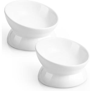 LoeJan Elevated Cat Food Bowl, 5 Oz Ceramic Raised and Tilted Water Bowl, Anti Vomiting and Protect Pets' Spines Dishes for Small Dog, Fat Faced Cat, Kitten (White, 2 Pack)