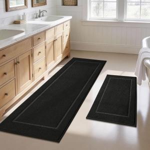 JSEI Non-Slip Bathroom Rugs, Self Adhesive No Sliding Bath Rugs Set of 2, Machine Washable Absorbent Bath Mat Set for Tub Shower & Single Sink 24x36+24x60, Black, Rectangular Pattern