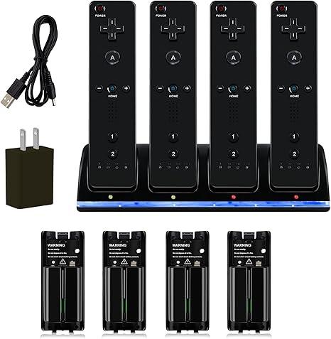 4 in 1 Wii Remote Charger,Charging Station with 4 Pack 2800mAh Rechargeable Battery,Plugs,USB Cable for Wii/Wii U Remote Controller (Black) Without Remote