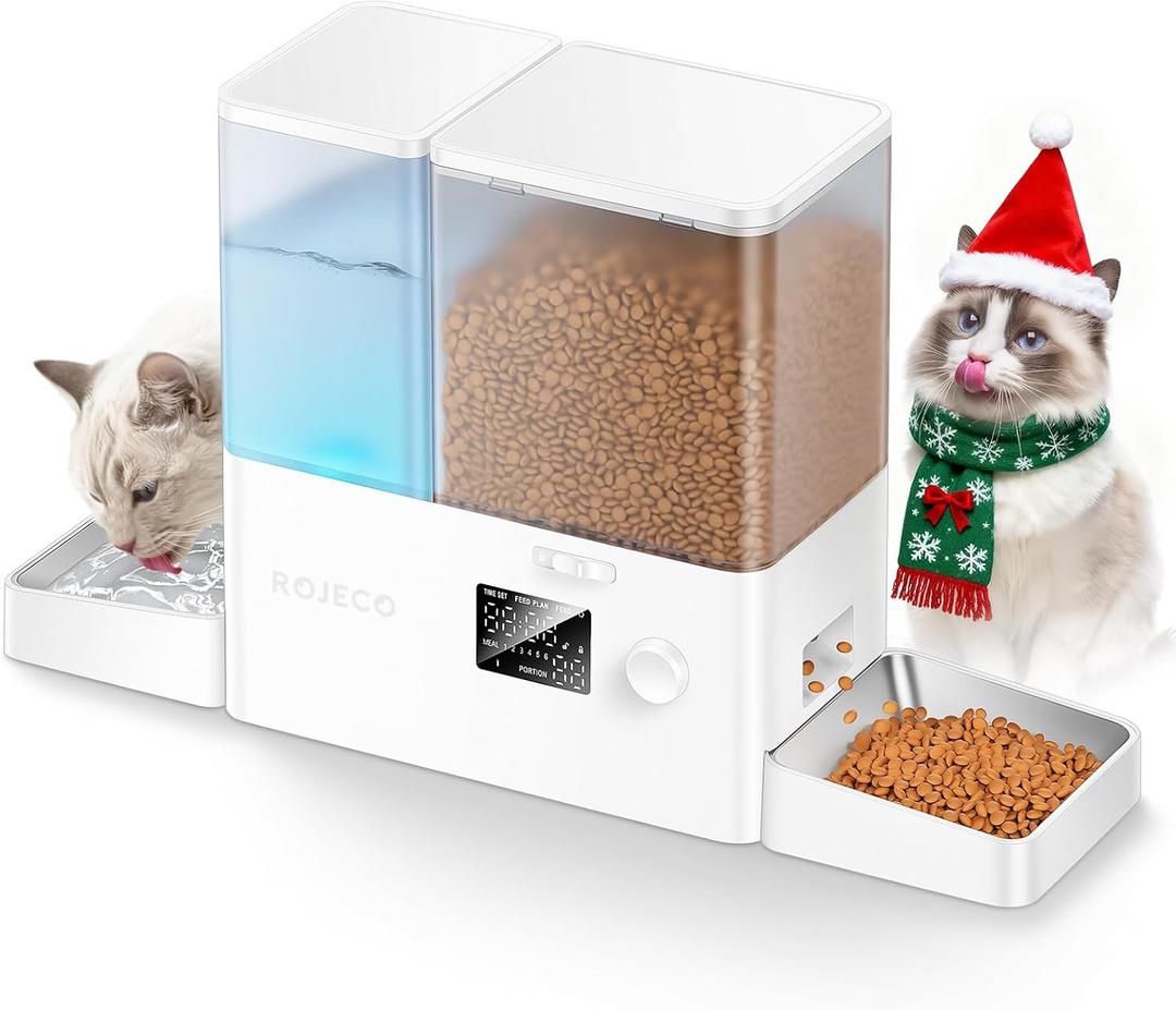 Rojeco 36Cups/8.5L Pet Automatic Cat Feeder and Gravity Water Dispenser,Stainless Steel Bowls 2-in-1 Set Large Capacity 5L Food Feeder and 3.5L Water Fountain for Cats,Pets,Small Dogs,Puppies,Kittens (White)