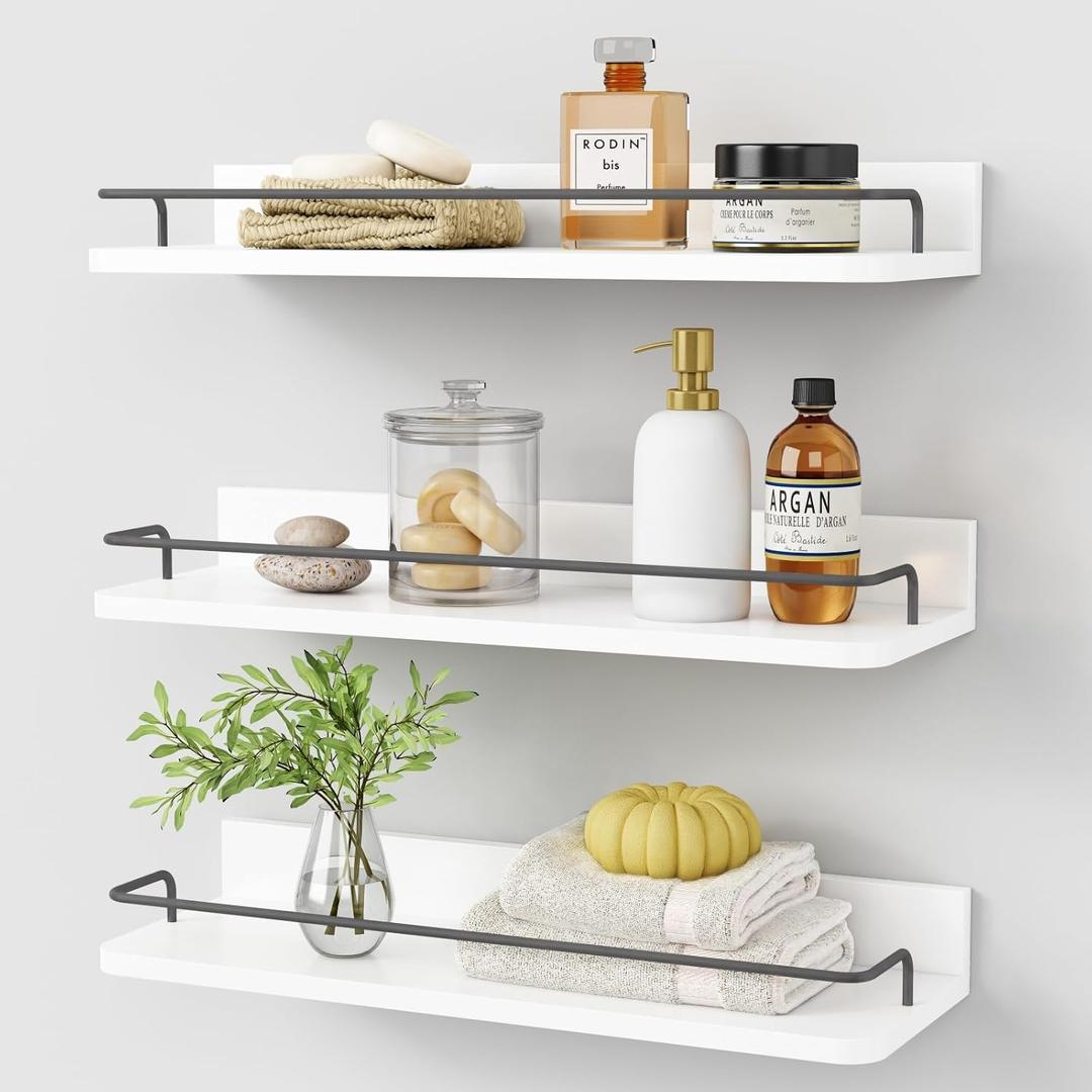 Forbena White Floating Shelves Bathroom Shelves Over Toilet Set of 3, Bathroom Organizers and Storage Shelves Wall Mounted, Modern Wood Corner Wall Shelf for Bedroom Closet -White and Dark Grey (17 Inch)