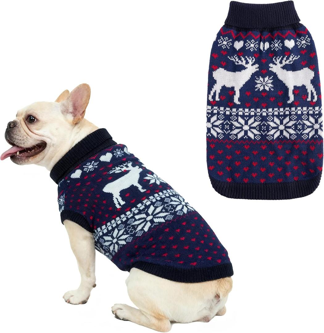 SCENEREAL Dog Sweater for Medium Size Dog Girls Boys, Turtleneck Pullover Winter Puppy Clothes, Christmas Outfits, Pet Sweatshirt Apparel Knitwear for Frenchie, Beagle, Boston Terrier M (M(Chest 22"-23"), Reindeer-Navy Blue)