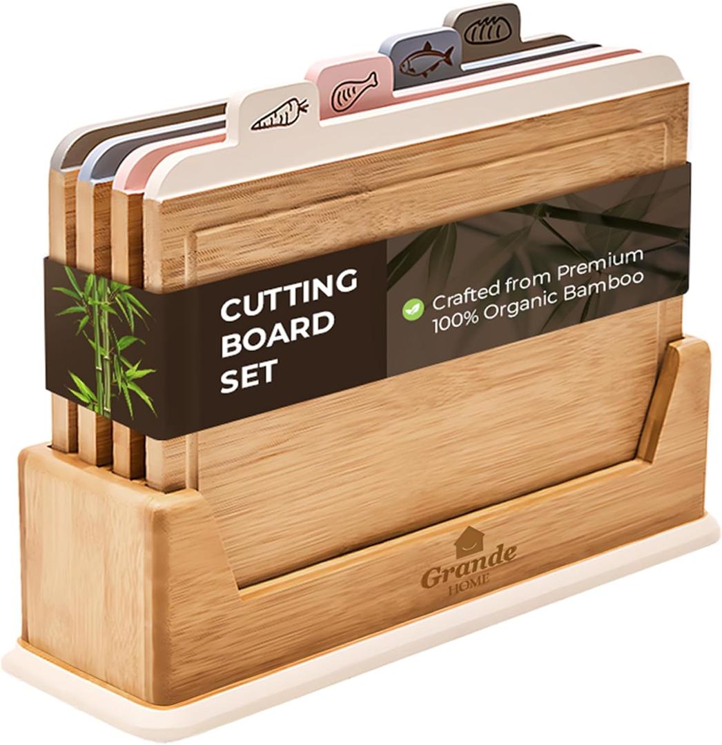 Wooden Cutting Boards for Kitchen  5-Pcs Cutting Board Set with Holder  Natural Bamboo Chopping Board with Juice Groove  Ideal for Vegetables, Meat, Fish, Bread.