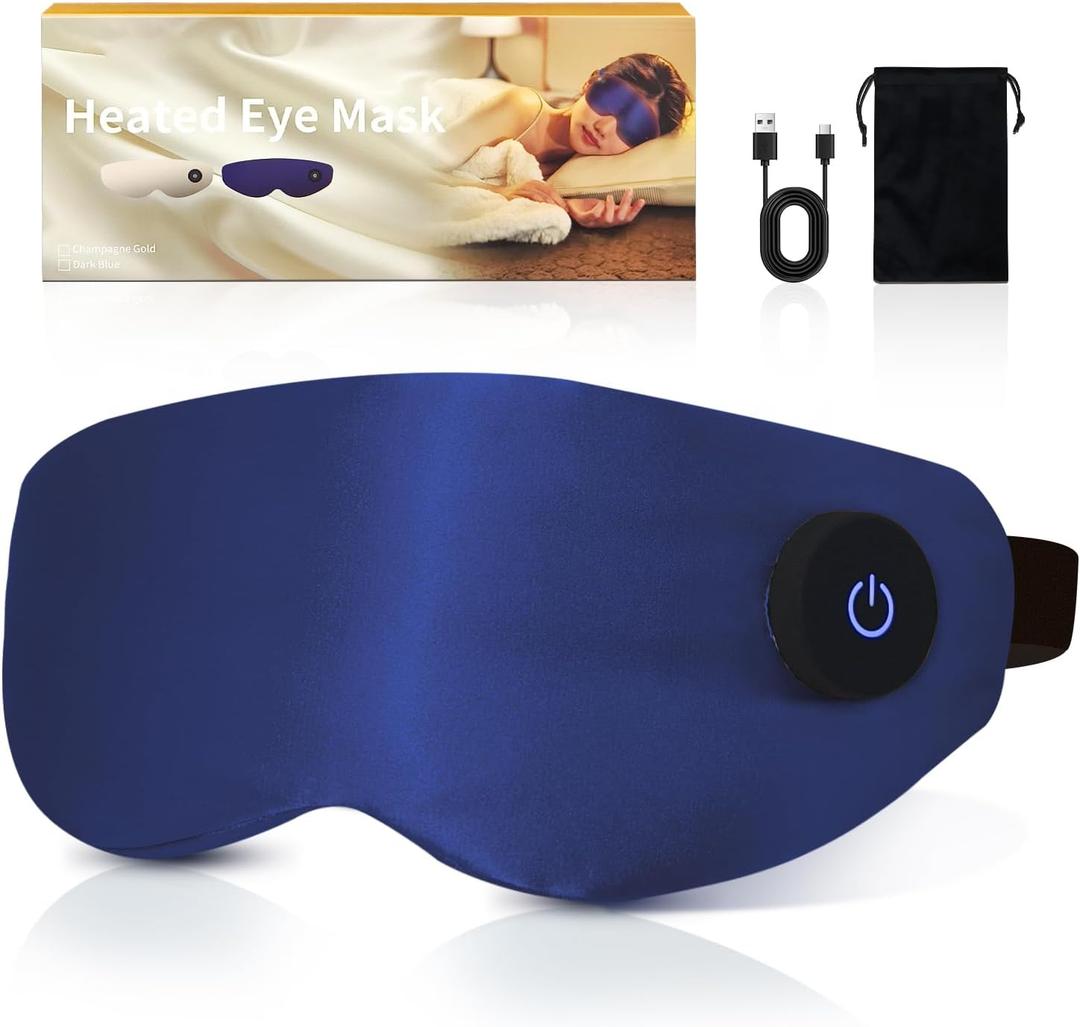 Heated Eye Mask for Dry Eyes  Cordless Warm Eye Compress, 100% Mulberry Silk Sleep Mask with Graphene Heating, 3 Heat Levels and Auto Shut-Off, Rechargeable and Washable (Dark Blue)