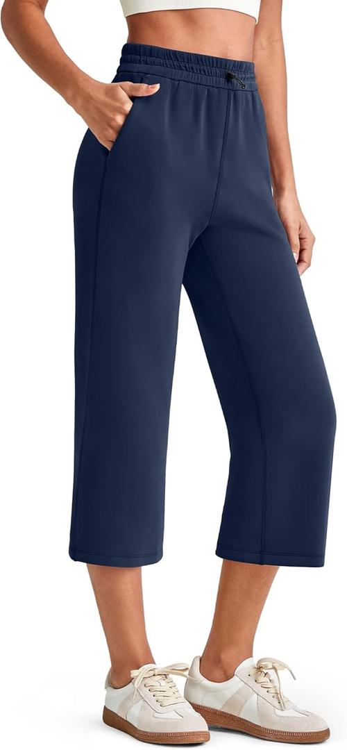 G4Free Smoofit Wide Leg Capri Pants for Women Adjustable Shockcord High Waist Summer Travel Casual Pants with Pockets (Blue, XS)