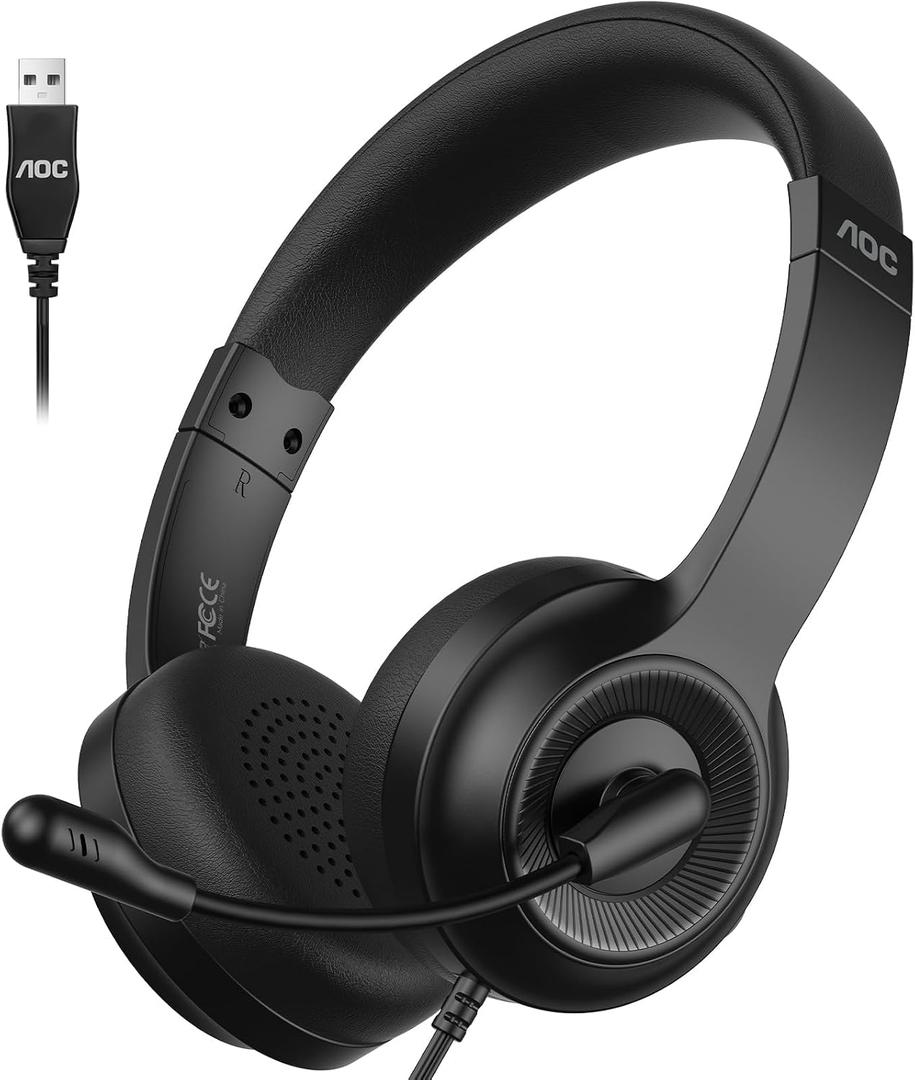 AOC USB Headset with Microphone for PC, Over-Ear Wired Headphones with Noise-Cancelling Mic, 40mm Audio Drivers, USB-A Computer Headset for Office, Teams, Call Centers & Online Meetings (Black)