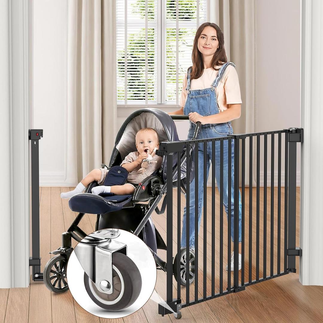 FURTIME 29-43.3" Sliding Baby/Dog Gate, No Bottom Bar Baby Gate for Doorways, Extra-Wide Walk Thru Door with Bottom Rubber Wheels, Hardware Mounted, Black