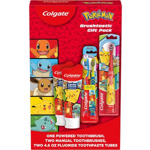 Colgate Kids Pokemon Toothbrush and Kids Toothpaste Gift Set, Includes Pokemon-Themed Battery Toothbrush, 2 Bubblegum Flavored Fluoride Toothpastes, and 2 Manual Toothbrushes