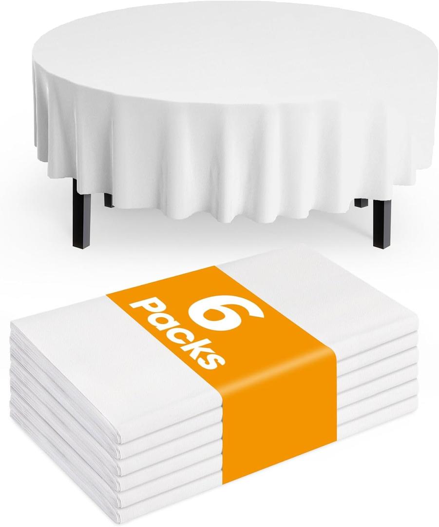 Pureegg Plastic Table Cloth Disposable 6 Pack, 84'' Round Table Cloths, Party, Picnic, Wedding, Decorative Tablecloths, Round, White Plastic Cover, Waterproof, White