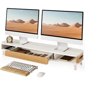 Fenge Dual Monitor Stand with Large Storage Drawer, 42.5" Desk Shelf, White