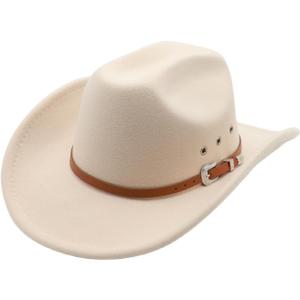 Cowboy Hat for Men Western Cowgirl Hat for Women Unisex Wide Brim Felt Fedora Hats Classic Cowboy Hats with Buckle Belt (Beige)