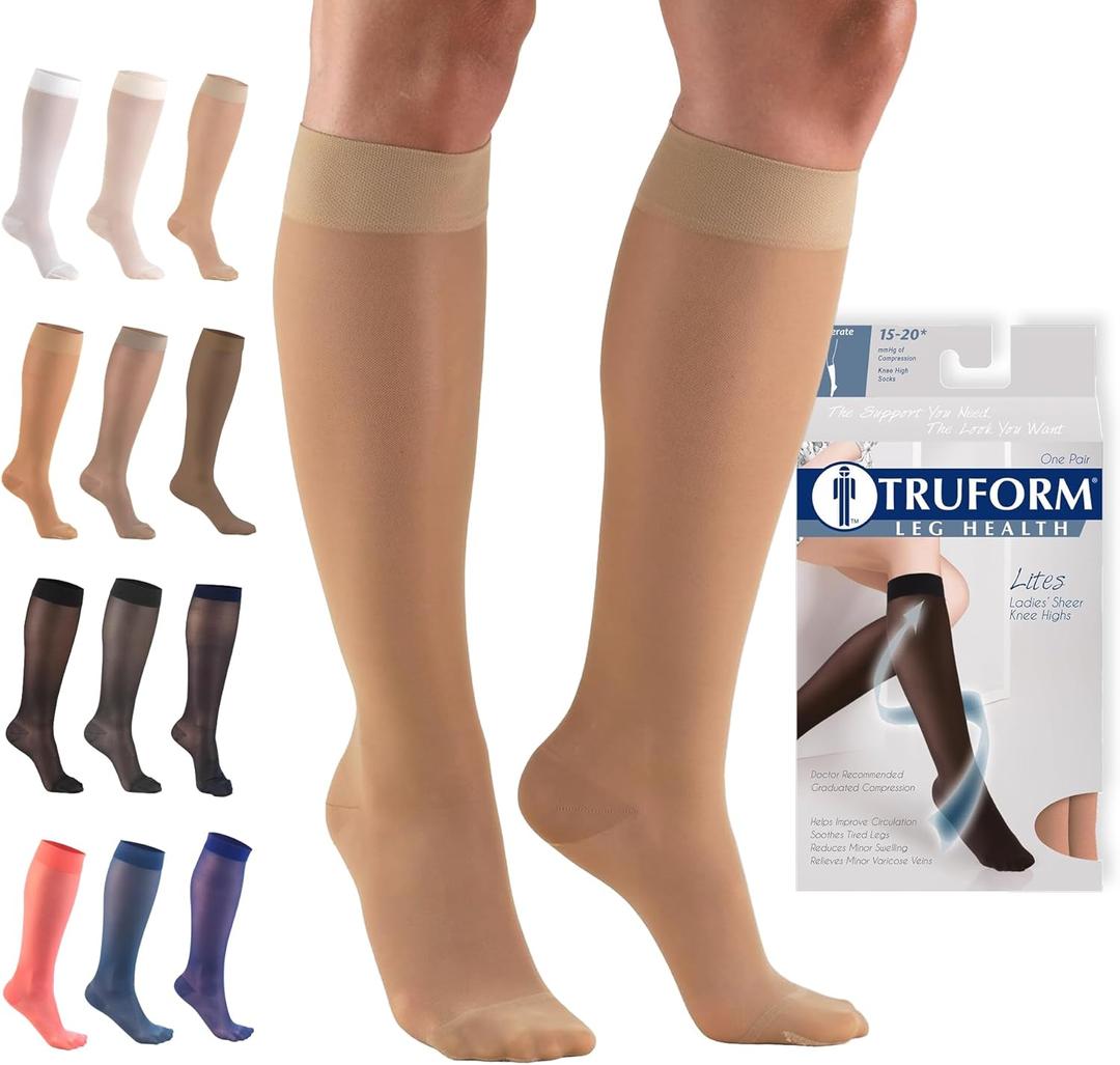 Truform Sheer Compression Stockings, 15-20 mmHg, Women's Knee High Length, 20 Denier, Light Beige, Large