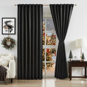 Bujasso Jacquard Black Blackout Curtains with Tiebacks Rod Pocket Back Tab Luxury Thermal Insulated Room Darkening Halloween Window Curtains for Living Room 84 inch Black Drapes 2 Panels 54" Wx84 L