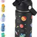 Kids Water Bottle 14oz with Silicone Straw Lid - Insulated Toddler Water Bottle Stainless Steel Keeps Cold 24H, Leak Proof & Universe Stars Prints Design | Custom Name Tag for School, Daycare, Travel