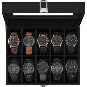 SONGMICS Watch Box, 10-Slot Watch Case Organizer with Large Glass Lid, Removable Pillows, Gift for Loved Ones, Black Synthetic Leather, Black Lining UJWB010B02