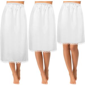 Mepase 3 Pieces Women's Satin Half Slip for Under Dresses 3 Kinds of Length 19, 27, 35 Inch Slip Dress with Lace (Medium, White)