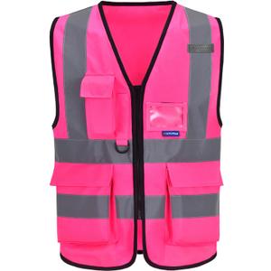 A-SAFETY Pink Safety Vest with Pockets Hi Viz Zipper Front Working Safety Vest with Reflective Strips,Large