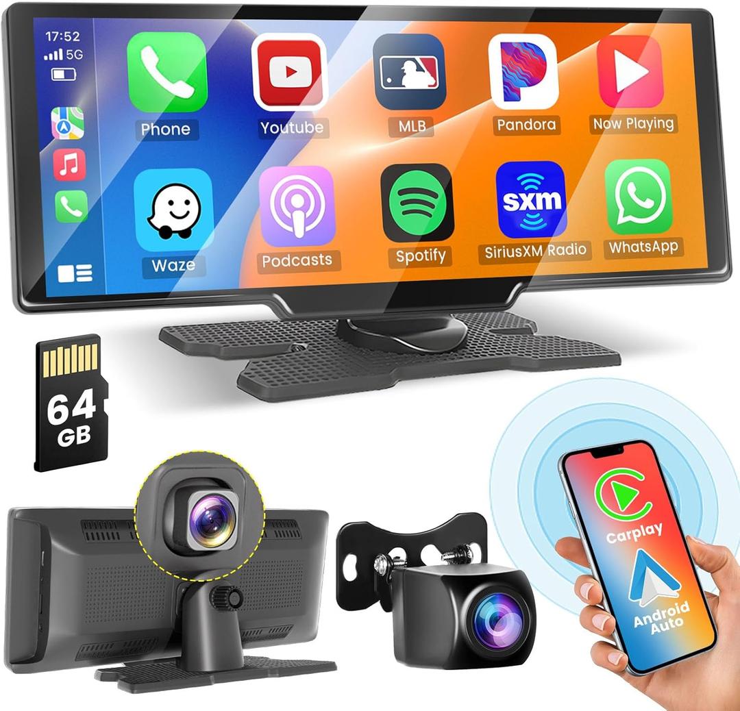 Hikity Wireless Carplay Touchscreen with 2.5K Dash Cam, 9.3 Inch Portable Android Auto CarPlay Unit Car Radio with 1080P Backup Camera 64G TF WiFi Video Airplay Voice Control Hikity Wireless Carplay Touchscreen with 2.5K Dash Cam, 9.3 Inch Portable Android Auto CarPlay Unit Car Radio with 1080P Backup Camera 64G TF WiFi Video Airplay Voice Control