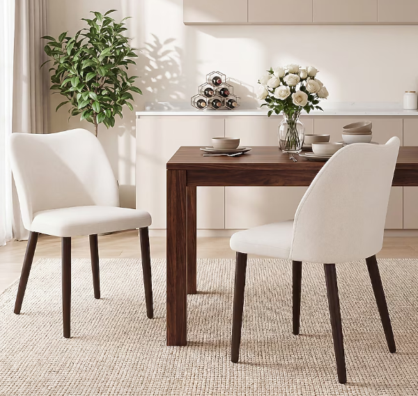 ViviHav Set of 2 Beige Curved Back Fabric Upholstered Dining Chairs