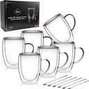 LIBWYS 6 Pack Double Walled Coffee Cups Glasses Mugs, 12oz Espresso Cappuccino Latte Tea Cups with Handle, Heat Resistant Borosilicate Clear Glasses 350ml