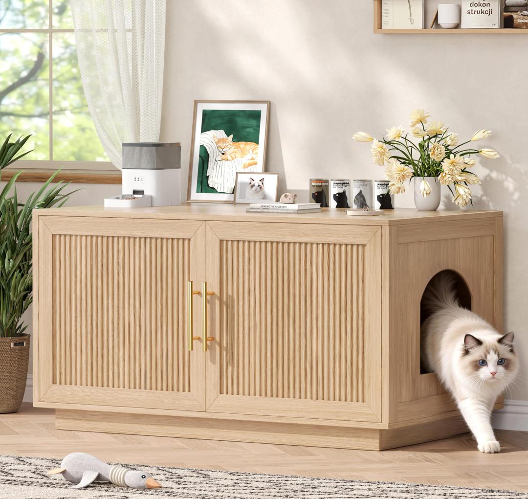 Zeibospri Fluted Cat Litter Box Enclosure, Hidden Litter Box Cabinet