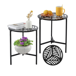 2 Packs 13" Metal Outdoor Side Tables Small Black Outside End Table for Patio Round Accent Garden Corner Stand for Small Spaces Weather-resistant Coffee Table for Balcony Porch Plant Stand