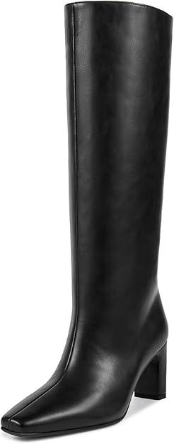 wetkiss Straight Leg Knee High Boots for Women Regular Calf Friendly Square Toe Mid Heel Comfortable Boots Size 9.5