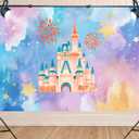 7X5ft Princess Castle Backdrop Watercolor Pastel Rainbow Golden Fireworks Ribbon Cartoon Castle Happy Birthday Backdrop for Girls Party Decoration Banner Photo Booth Props
