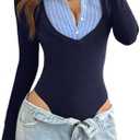 SOLY HUX Women's Striped Long Sleeve Bodysuits Button Down Tshirts Collared 2 in 1 Tops Preppy Clothes (Dark Blue, Small)