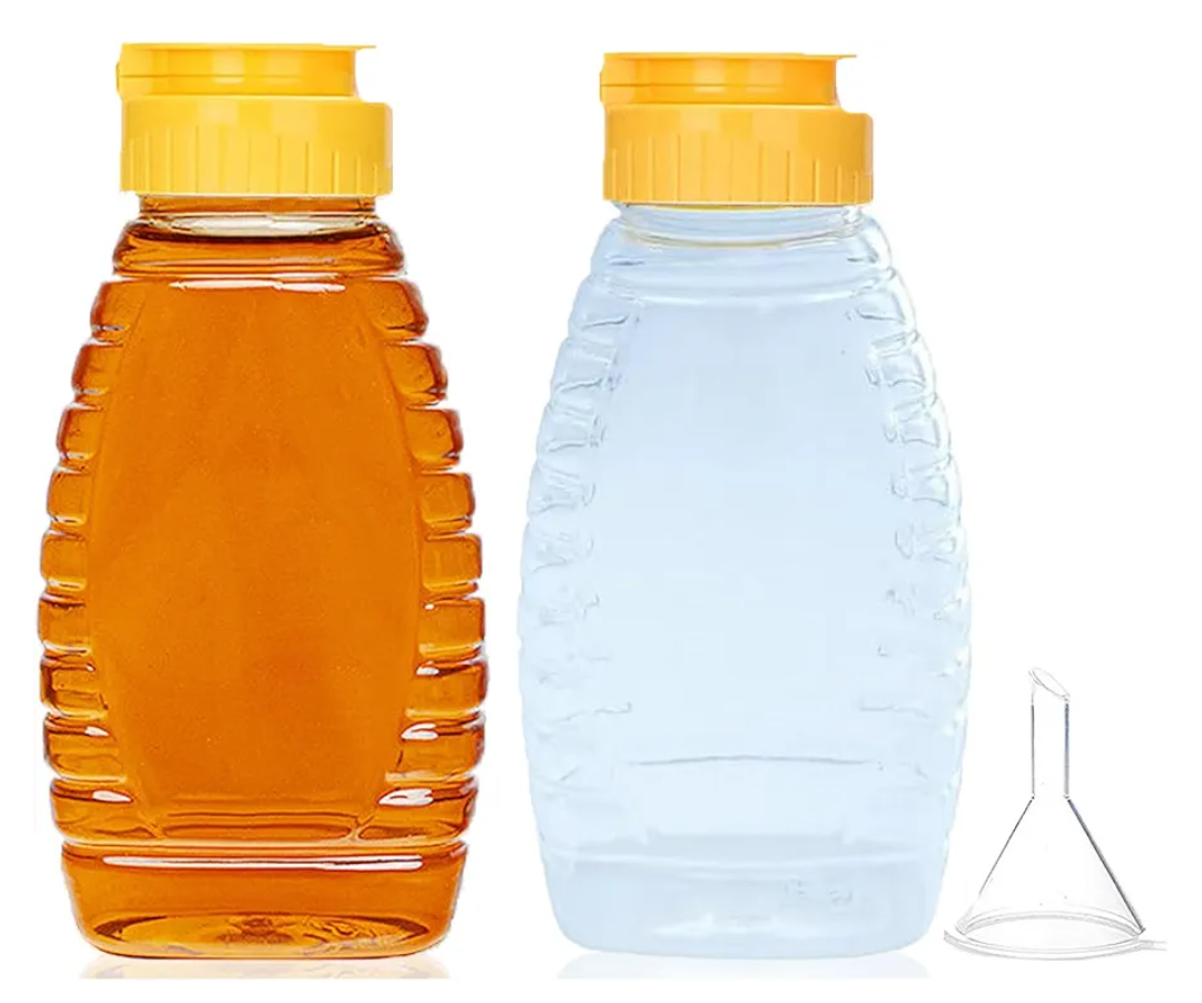 2 Pack Empty Plastic Honey Bottles with Funnel, 180ml Squeeze Honey Jars Leakproof Honey Dispenser No Drip Lids Condiment Container for Ketchup Mustard Salad Dressing Sauce Syrup Oil Epoxy, BPA Free