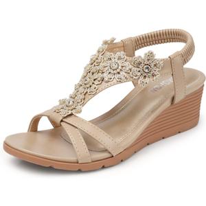 TEMOFON Women's Low Wedge Heels Summer Dressy Platform Sandals Elastic Ankle Strap Open Toe Flower Shoes Nude Size 7