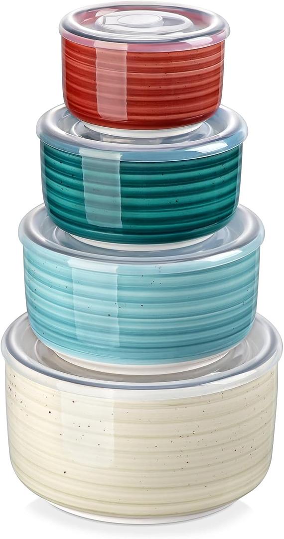 vancasso Ceramic Serving Bowls With Lids Set of 4, Airtight Nesting Bowls for Food Storage, Meal Prep, Leftovers, Microwave and Dishwasher Safe, 60/36/20/10 oz (Multicolor)