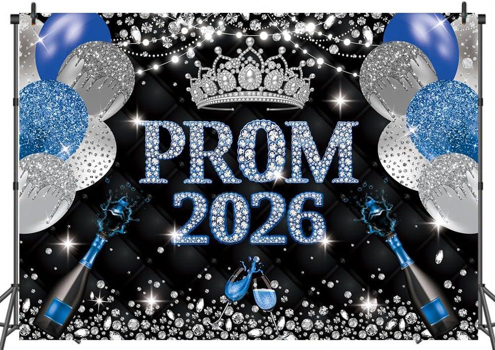 Prom Night Backdrop Prom 2026 Photography Background Black Blue Congrats Grad Class of 2026 Graduation Party Decoration (Blue, 8x6ft)