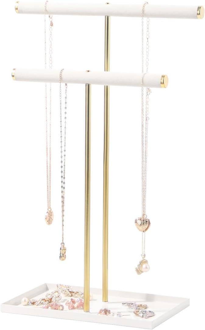 2 Tier Necklace Bracelet Holder Stand, Multi-Use Jewelry Display Organizer with Metal Tray, Velvet T-Bar Metal Necklace Organizer Stand, Jewelry Hanger Tower Rack for Men Women (Gold 15" Tall)