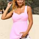 Modlily Surplice Tankini Swimsuits for Women, Two Piece Print Bathing Suit, Modest Coverage Tank Top with Board Shorts (Pink, L)