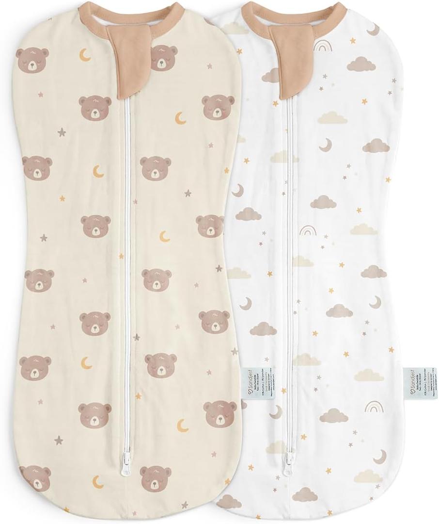 Baby Swaddle 0-2 Months, Cotton Arm-In Zipper Sleep Sack, Wearable Blankets Wrap for Newborn Infant Girls, Boys (Bear, Star Moon, Pack of 2)