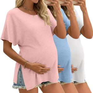 Riyiper 3 Pack Women's Maternity Tunic Shirts Cotton Summer Pregnancy Clothes Loose Oversized Split Side Blouse Tops (Large, Light Pink, Light Blue, White)