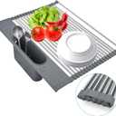 Roll-up Dish Drying Rack with Utensil Holder, Collapsible Stainless Steel (Grey, 17.5" x 15.2") (Gray)