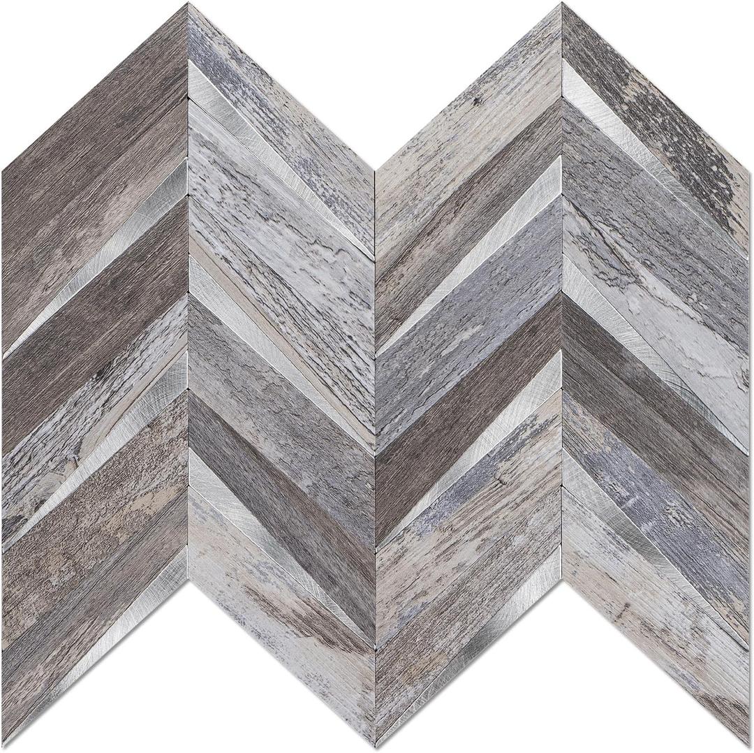 Herringbone Peel and Stick Backsplash, 10-Sheet Peel and Stick Tiles PVC Wall Tile Stick on Backsplash for Kitchen (Wood Grain Mixed Silver)