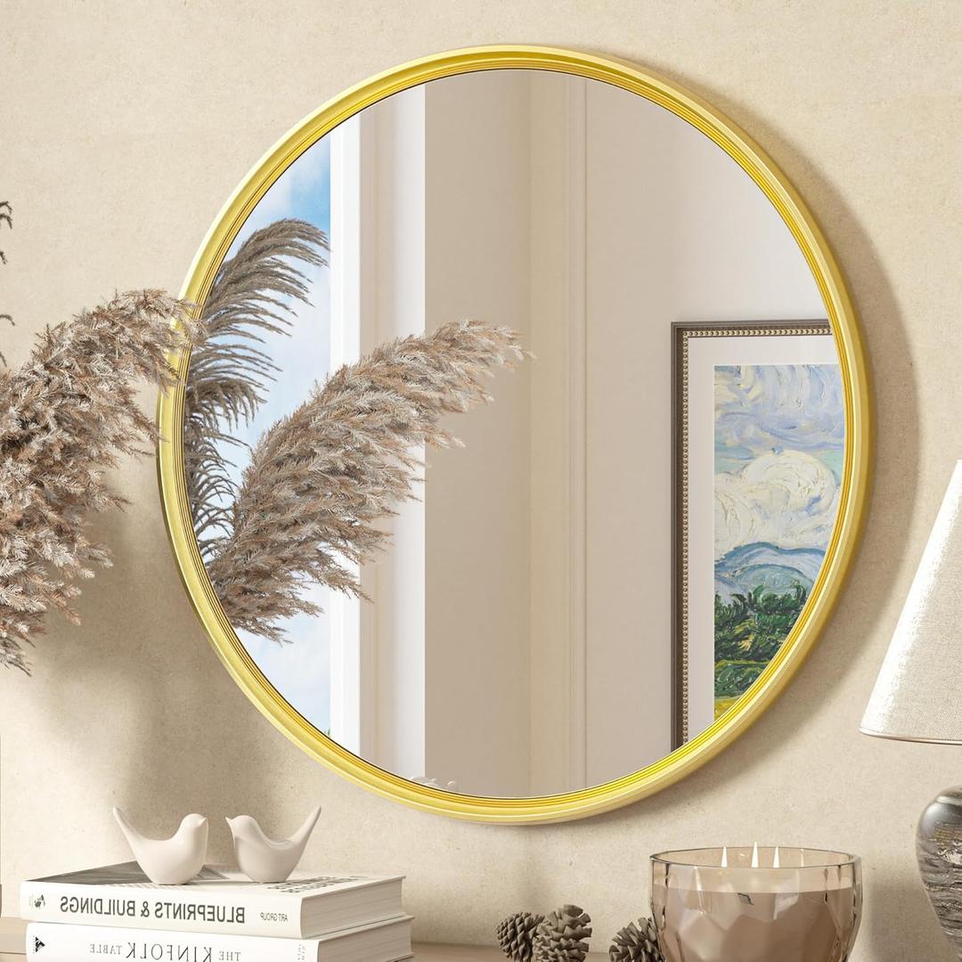 TETOTE Round Mirror 24 inch Brushed Gold Circle Mirror Metal Frame for Bathroom Vanity, Living Room, Bedroom, Vanity, Entryway