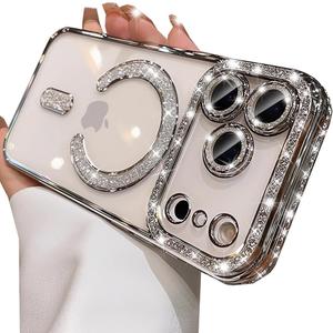 Changjia Magnetic Clear Glitter Case for iPhone 17 Pro Max,[Compatible with MagSafe] Cute Bling Sparkly Diamond Rhinestone with Camera Protector TPU Bumper Women Girl Case for iPhone 17 Pro Max,Silver
