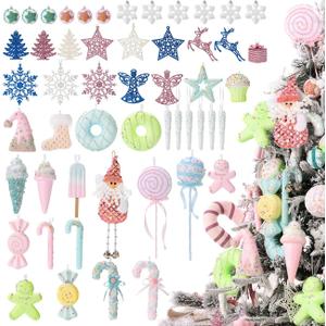 LANGXUN 52pcs Christmas Tree Decorations, 2024 New Cute Hanging Decor, Candy Land Tree Ornament Set for Indoor Home Party Gifts Xmas Holiday, Lollipops, Gingerbread, Snowman, Ice Cream, Snowflake