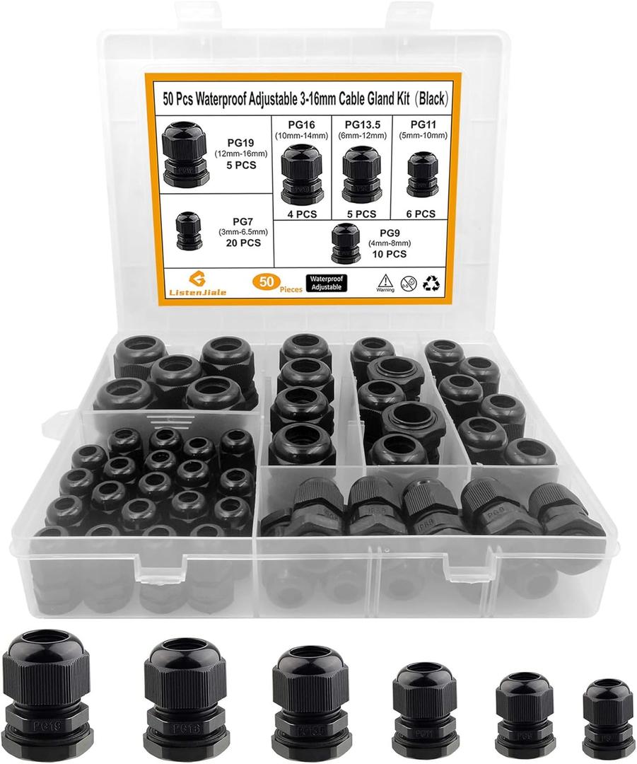 Cable Gland Waterproof,LISTENJIALE 50 pcs Adjustable 3-16mm Waterproof Cable Connectors PG7 PG9 PG11 PG13.5 PG16 PG19 Plastic Cable Gland Joints with Gaskets in PP Box(Black)
