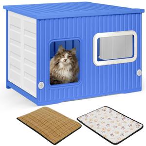 Cat House for Outdoor Indoor Use, Stackable Feral Cat Shelter Indoor Cat House Weatherproof Waterproof Elevated, with 2-Sided Cushion (Blue White)